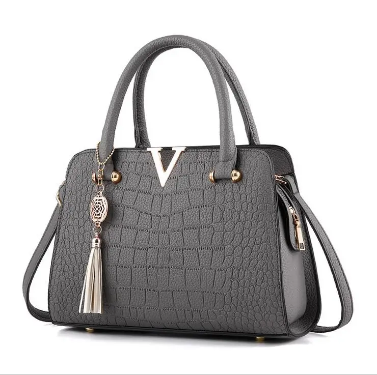 SWDF, Крокодиловая Кожа, женская сумка-тоут с буквами V, дизайнерские сумки, роскошные качественные женские сумки через плечо, сумка-мессенджер с бахромой - Цвет: Gray