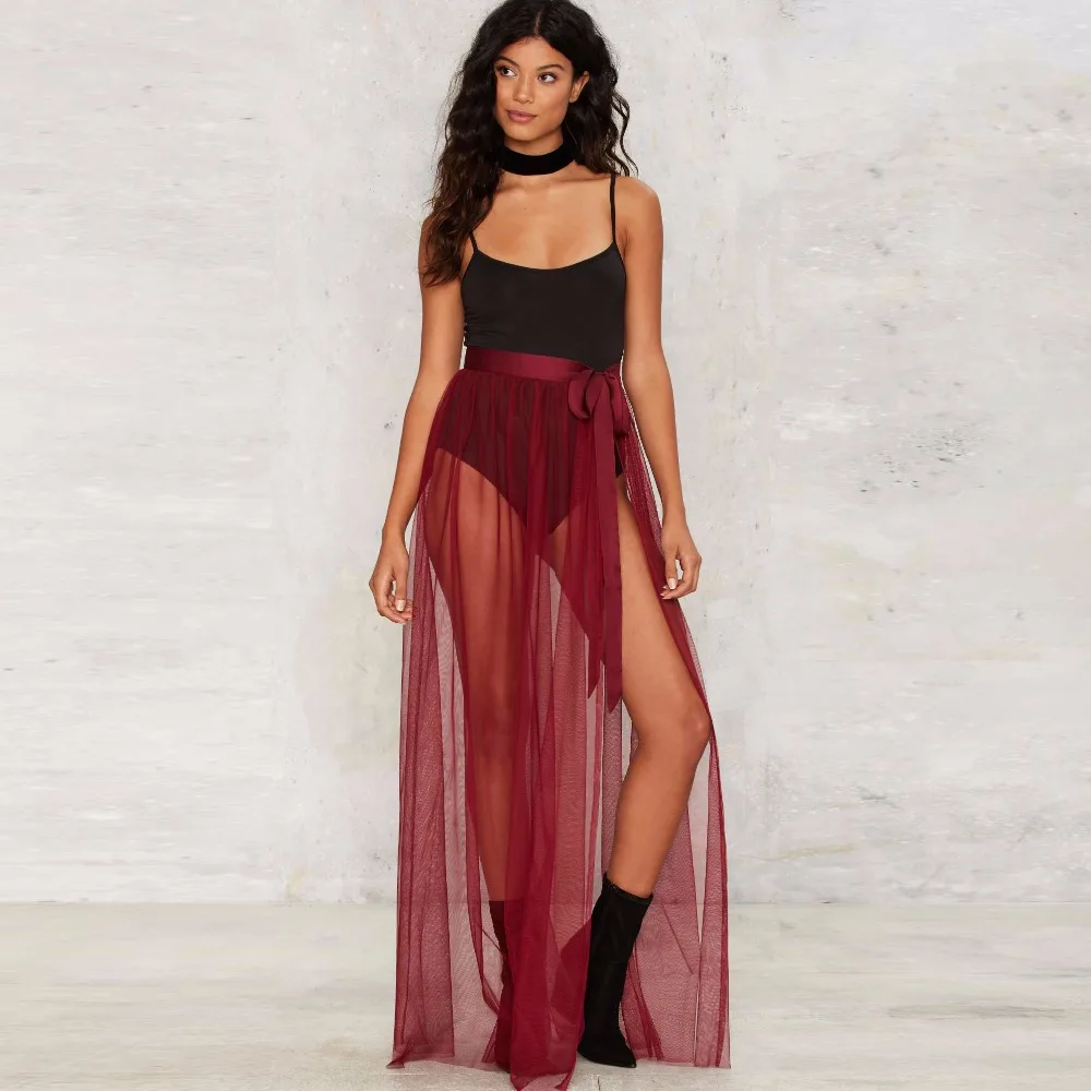 

Burgundy Wine Red Tulle Skirt Ribbons Waistline A Line Floor Length Long Maxi Skirt Sheer Transparent Sexy Slit Skirts Women