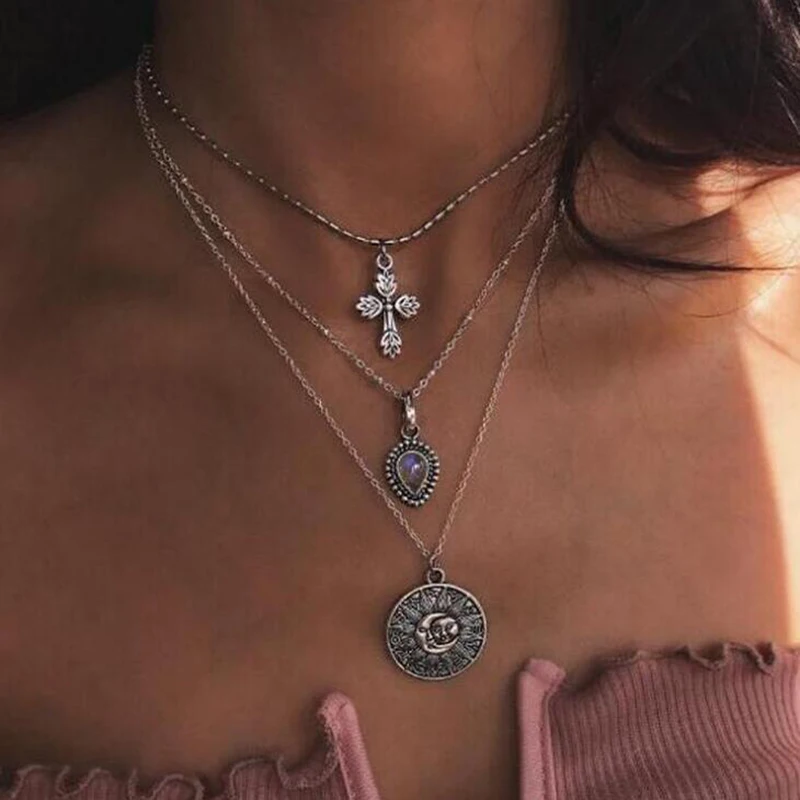 

Tocona Multi-Layered Cross Moon Rhinestone Necklace Silver Chain Chokers Necklaces Round Pendants Collares Boho Jewelry 4986