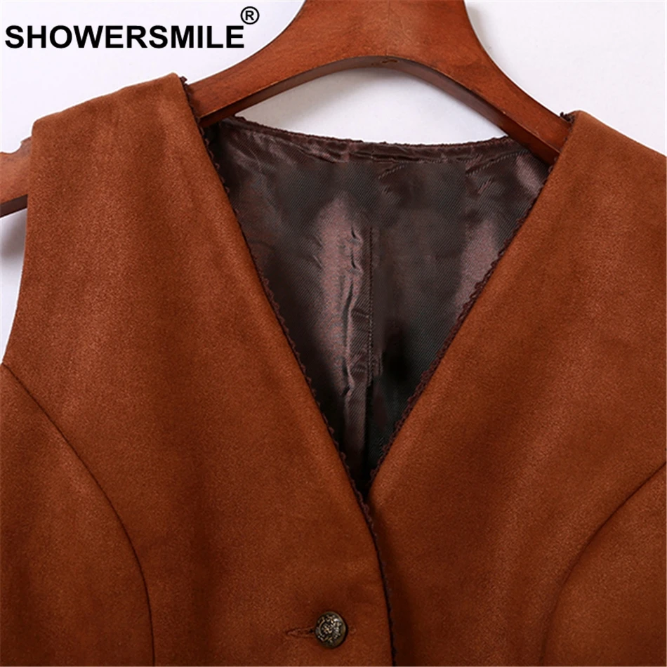 RAINIE SEAN Suede Vest Women Short Brown Slim Fit Waistcoat Vest Female Gilet V Neck Lace Spring Vintage Sleeveless Jacket Vest