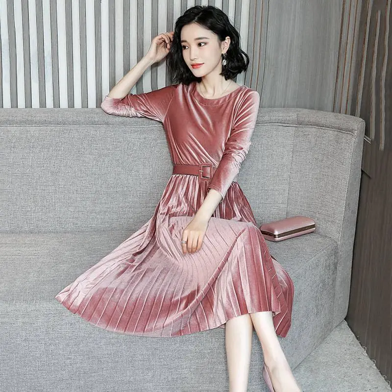 

2019 Spring Autumn Women Gold Velvet Solid Pleated Dress Female Sashes Slim Bottoming Vestido Lady Vintage Casual Dresses Y105