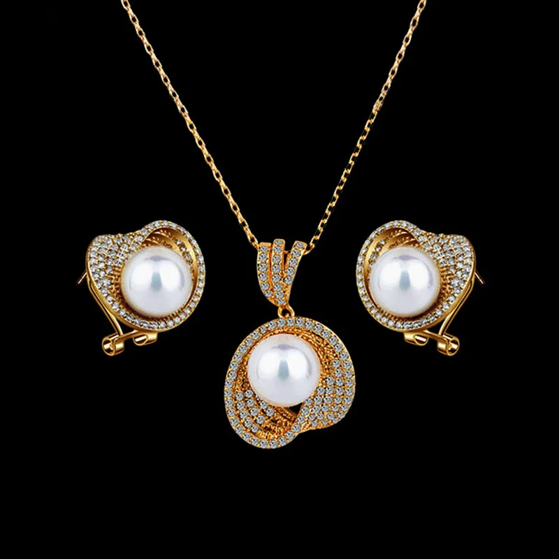Luxury Gold Color Women Jewelry Set High Quality Synthetic Pearls Cubic Zirconia Cluster