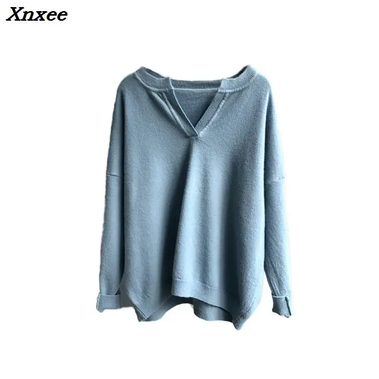 Xnxee Autumn Knitted Pullover Chic Solid V Neck Knitting Femme Harajuku Loose Women Khaki Blue White Sweater Pullover Jumper Xnxee Autumn Knitted Pullover Chic Solid V Neck Knitting Femme Harajuku Loose Women Khaki Blue White Sweater Pullover Jumper