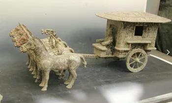 

90cm China 4 horses BRONZE INLAY SILVER PULL TWO WHEELS War chariot