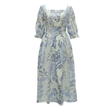 AIGYPTOS SHCAI Spring Autumn Women Medieval Retro Royal Square Collar Lantern Sleeve Print Cotton Linen