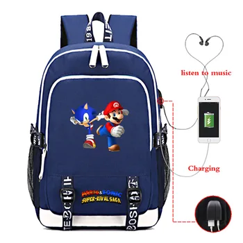

Mario & Sonic USB Charge School Rucksack Boys Girls Backpack Fashion USB Charging Daily Knapsack for Men Women