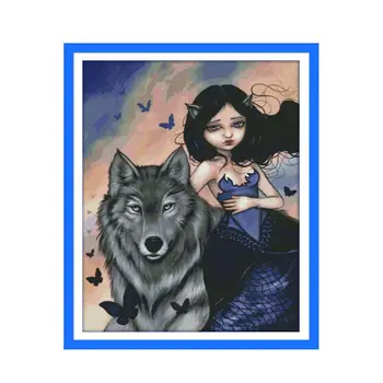 

Wolf and the Girl Animal Series Cross Stitch Kit, 11CT 14CT Handmade Cotton Embroidered Wolf Pattern Gift Figure
