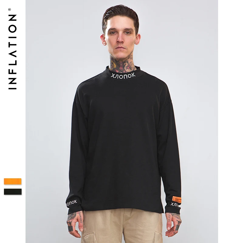 Goedkoop INFLATIE Sweatshirts Streetwear Stand Kraag Retro T shirt Trui Mannen Vrouwen Hip Hop Oranje Emboridery Sweatshirt 8702 w