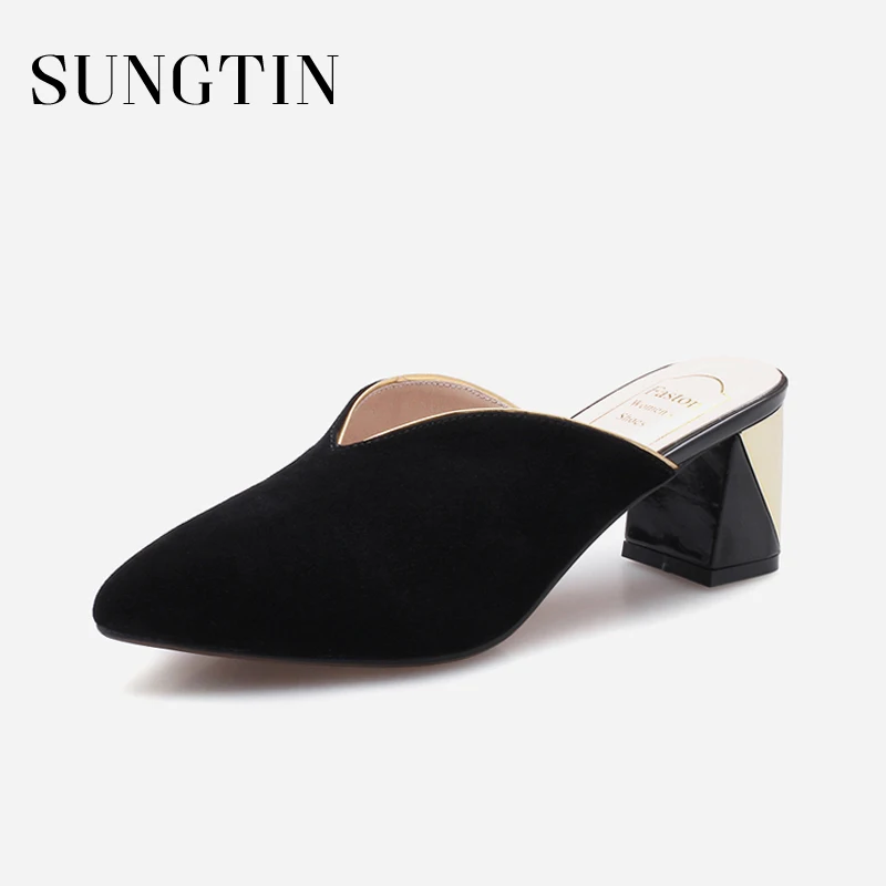 

Sungtin High Quality Suede Mules Shoes Women Square High Heels Casual All Match Pointed Toe Slip-On Slipper Lady Pumps Summer