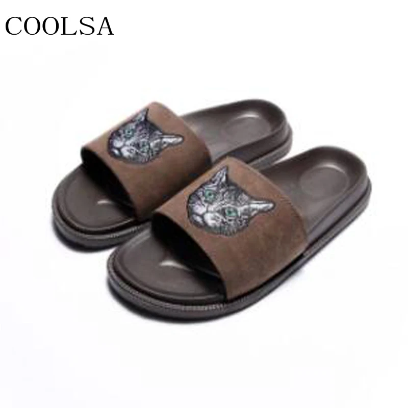 COOLSA/Новинка; мужские летние пляжные вьетнамки на плоской подошве; Домашние Нескользящие шлепанцы для ванной; пара сандалий с милым котом; мужские шлепанцы; домашние тапочки