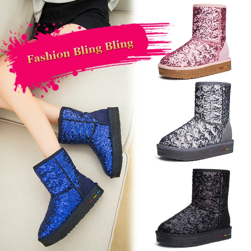 

famous brand glitter snow boots women genuine leather ankle boots with fur bling bling oxford winter shoes woman sequined boots