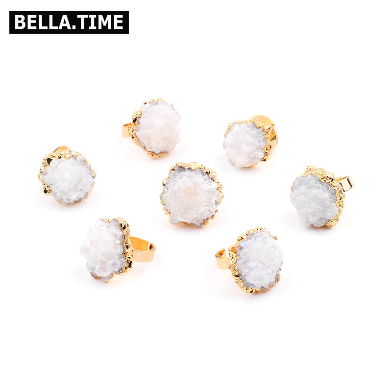 

Resizable Natural Stone Big White Druzy Rings For Women Adjustable Gold-color Copper Base Large Drusy Rings Female Jewelry RI07