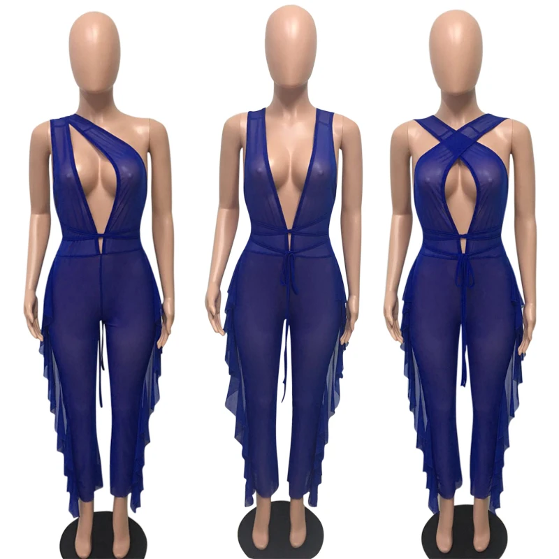 Hirigin Sexy Mesh Bikini Cover Up Women One Piece Jumpsuit New Bandage Solid Beach Outwear Suit Summer Ruffles Bathing Suit