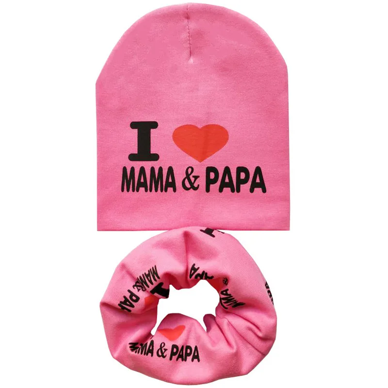 Rose MAMA PAPA set Новая осенне-зимняя детская шапка, комплект для мальчиков и девочек, шарф на шею, весенний теплый шейный платок, детские вязаные шапки, комплекты, хлопковая детская шапка, шарф - Цвет: Rose MAMA PAPA set