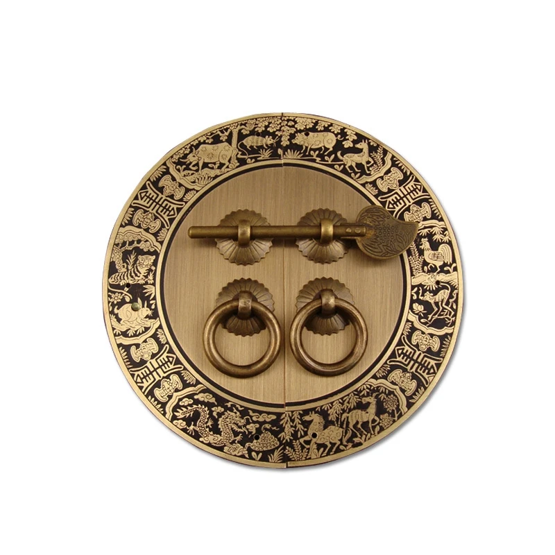 1 set Circular pure copper handheld antique furniture cabinet wine cabinet double open door animals handle