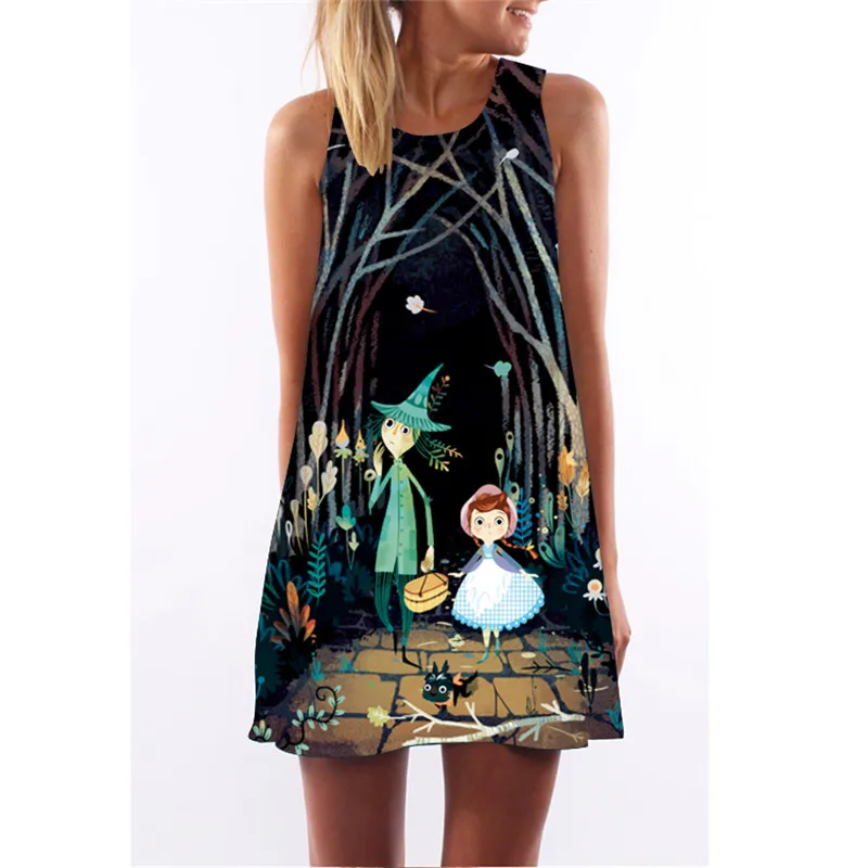 

chuqian 2019 Woman Vintage Dress Summer Cartoon Pattern Print Sleeveless Dress A-line Loose Beach Wear Vestidos De Verano
