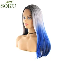 SOKU синтетические парики на шнурках спереди прямые 24 дюйма часть парик SOKU 150% плотность высокотемпературные тканевые крылья для черных женщин