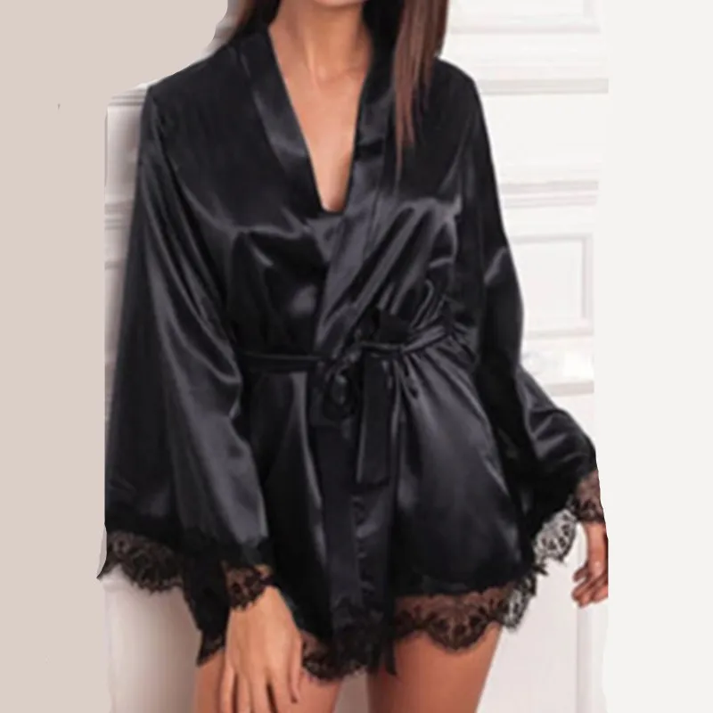 

2019 New Hot Sexy Lingerie Silk Lace Black Kimono Intimate Sleepwear Robe Night Gown Loose Female Bathrobes W3