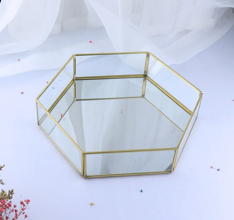 Скандинавский стеклянный лоток для хранения с золотым краем, ювелирная пластина, Современная креативная Шестигранная настольная подвеска, декоративный зеркальный лоток, Органайзер
