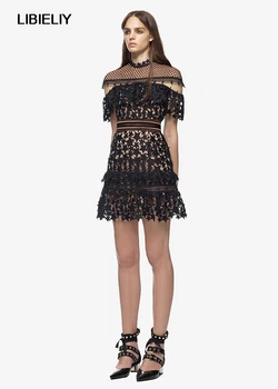 

Self Portrait Dress Nice New Summer Black Cloak Sleeve Slim Lace Patchwork Elegant Casual Party Dresses Mini Vestido Feminino