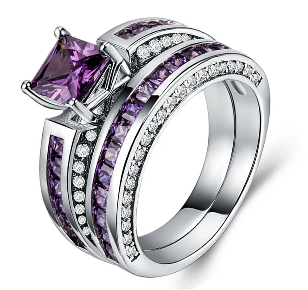 

Vintage Silver Pink Cubic Zirconia Luxury Exquisite Purple Crystal Stone Rings Set Engagement Wedding Jewelry For Lovely Girl
