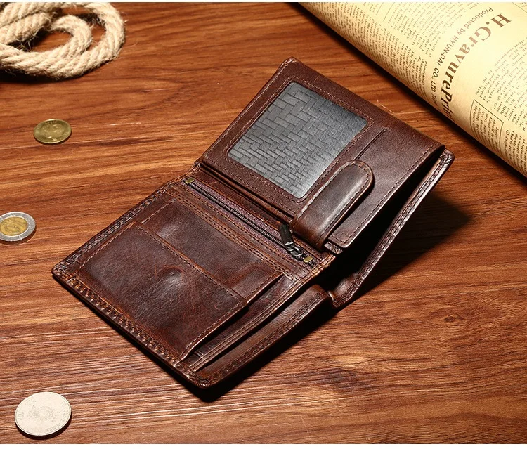 MJ Genuine Leather Men's Short Wallet Retro Bi-Fold Leather Wallet Card Holder Male Purse Coin Pocket ID Window Photo Position (22)