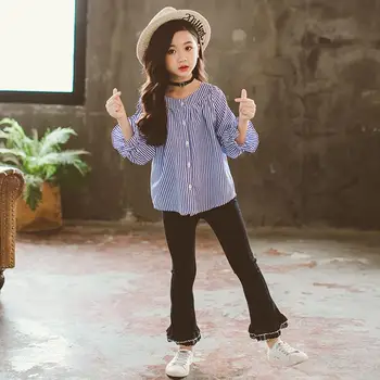 

New Spring Autumn Kids Girl Cotton Suit Children Girls Striped Tops+Solid Flare Pant Tracksuits Baby Girl Clothes 2pcs Sets T70