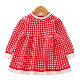 

spring autumn winter baby clothes girls sweet dress grid color matching child knitted dress