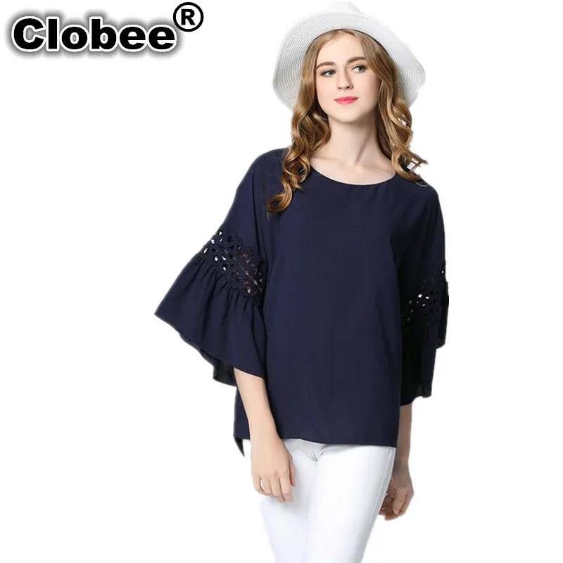 

Ethnic Big Size Flare Sleeve Women Blouses 2018 Summer Navy White Color loose ladies shirts 4XL 5XL Plus Size Blouse Shirt Tops