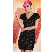 2016 Popular Special Design Woman Clothing Fashionable Elegant Green Short Sleeve Sequined Bodycon Dresses Mini Sexy V Neck Slim
