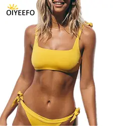 Oiyeefo Твердые ярко-желтый комплект бикини 2018 женские купальники женский укороченный топ купальные костюмы из двух предметов купальный