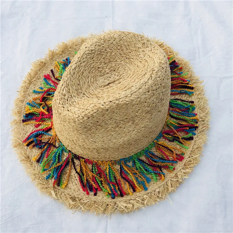 Цветная соломенная затенение шляпа с кисточками, украшенная лентой, шляпа от солнца, женская модная пляжная шляпа, джазовая летняя шляпа для женщин