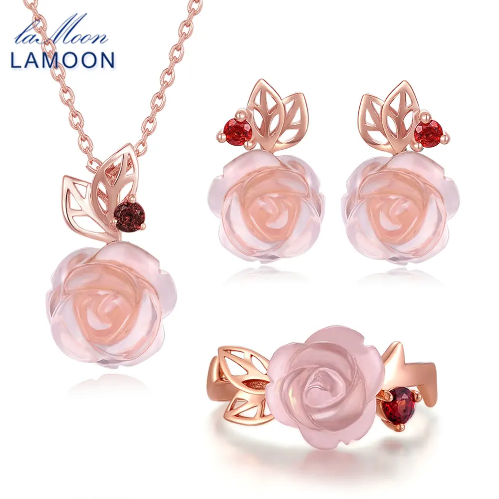 

LAMOON FlowerRose Natural Pink Rose Quartz made with 925 Sterling Silver Jewelry Plated Jewelry Set V033-1