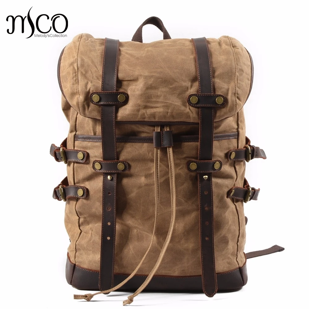 

MCO 2019 Laptop Backpack Vintage Large Capacity Oil Wax Waterproof Backpacks Teenager Canvas Leather Drawstring Bags Rucksacks