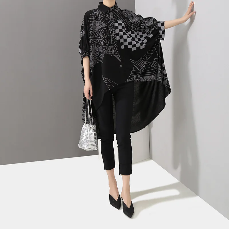

Johnature Summer 2019 New Womens Tops And Blouses High Street Batwing Sleeve Turn-down Collar Plaid Loose Long Irregular Shirt