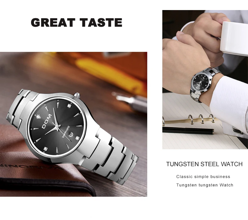DOM часы мужские из вольфрамовой стали Роскошные Лидирующий бренд наручные 30 м водонепроницаемые деловые сапфировые зеркальные кварцевые часы модные W-698-1M