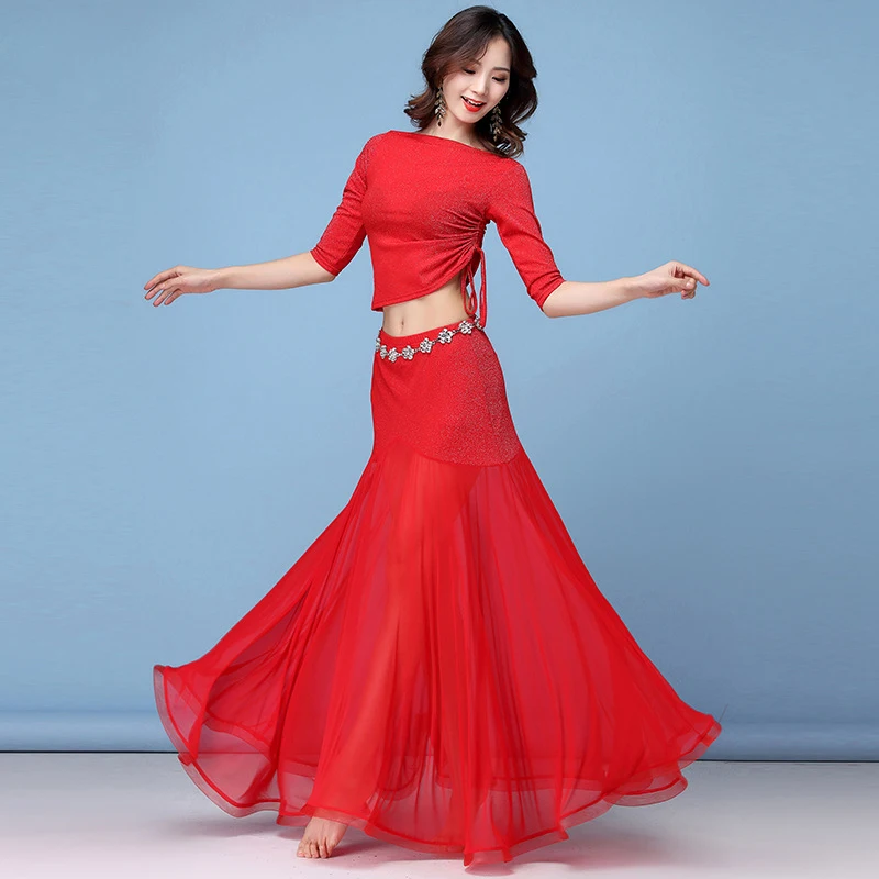 New Fashion Women Belly Dance Clothing Stretchy Shinny Fabric Off Shoulder Ruffles Maxi Long Skirts Bellydance Costume Set 2pcs