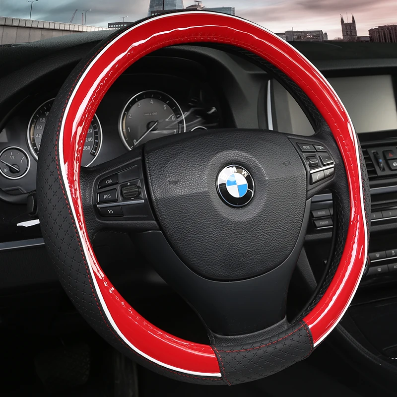 

KKYSYELVA Car Interior Accessories Black Auto Sports Steering Wheel Cover Leather 38cm Vehicle Truch Steering Covers
