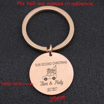 

Stainless Steel Round Keychain Hand Stamped Our Second Christams Customized Name For Baby's Christmas Gift Fashion Jewelry