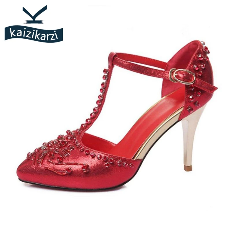 KaiziKarzi Size 34 40 T Strap High Heels Sandals Women Crystal Buckle