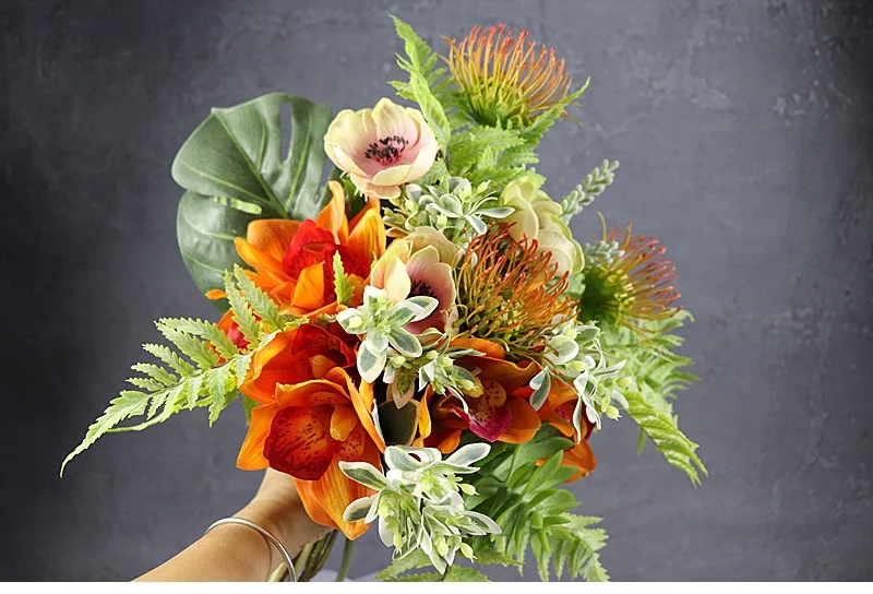 Эксклюзивные продажи-Индиго оранжевый букет Anemone Cymbidium композиция свадебный стол букет вечерние события центральный