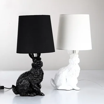 

Resin Rabbit Shape Led Table Lights Modern Creative Black White Cloth Lampshade Table Lamps Living Room Bedside Desk Lamp Decor