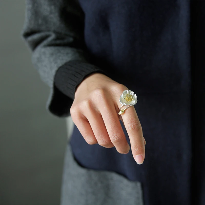 Lotus Fun, настоящее 925 пробы, Серебряное регулируемое кольцо, ручной работы, дизайнерское, хорошее ювелирное изделие, цветущие маки, цветочные кольца для женщин, бижутерия