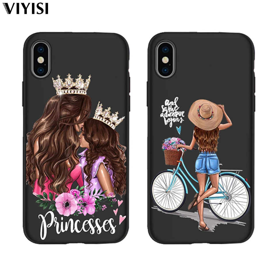 

For Apple iPhone X Case 7 8 6 6S Plus 5 5S SE X XS MAX XR Etui Princess Black Brown Hair Baby Mom Girl Queen Phone Case Coque