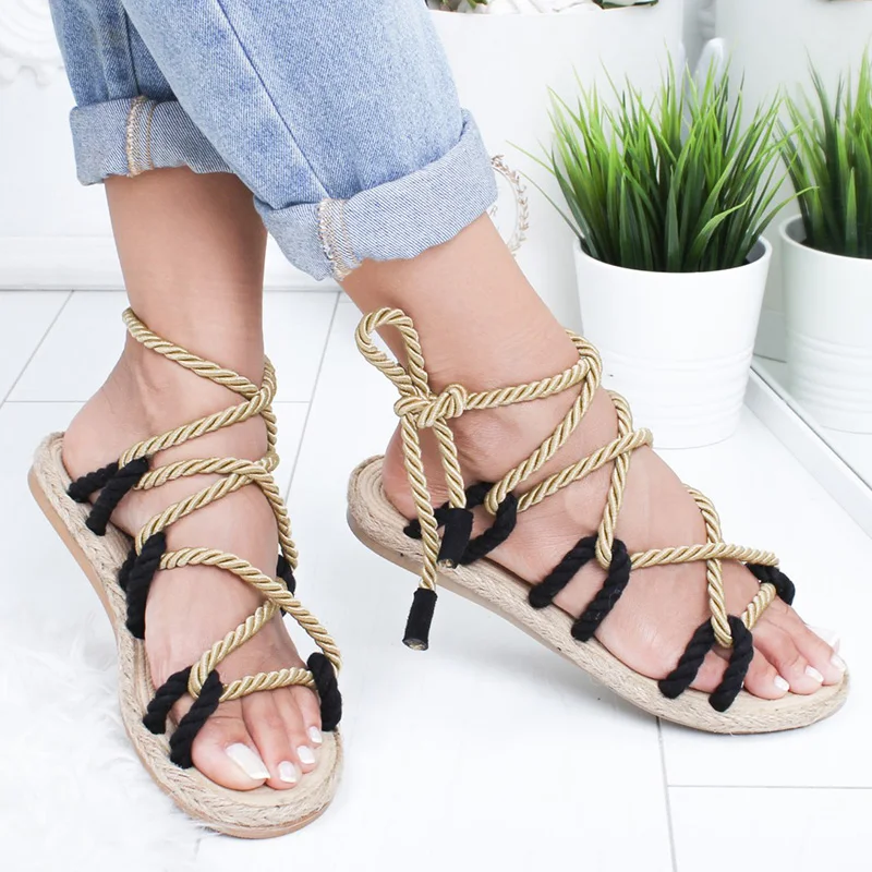 Women Sandals 2019 Fashion Summer Shoes Woman Flat Sandals Hemp Rope Lace Up Gladiator Sandals Non-slip Beach Chaussures Femme