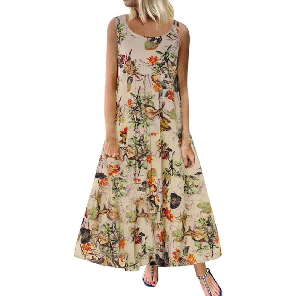 

Women Plus Size Bohe O-Neck Floral Print Sleeveless Maxi Dress