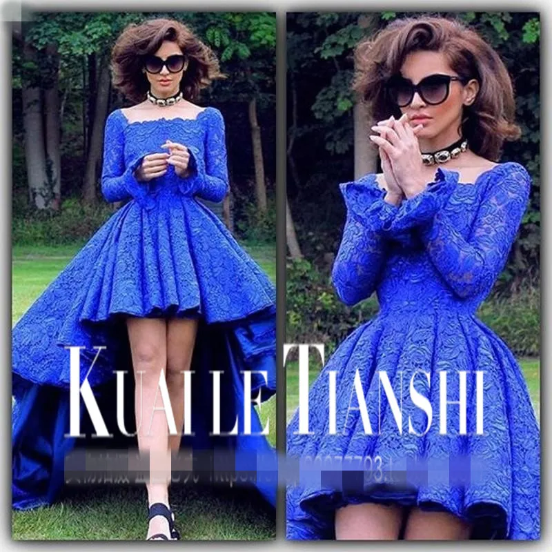 

Royal Blue Short Prom Dresses 2016 Vestidos De Baile Sheer Top Party Dress Gown long sleeve Backless Ball Gown Graduation Dress
