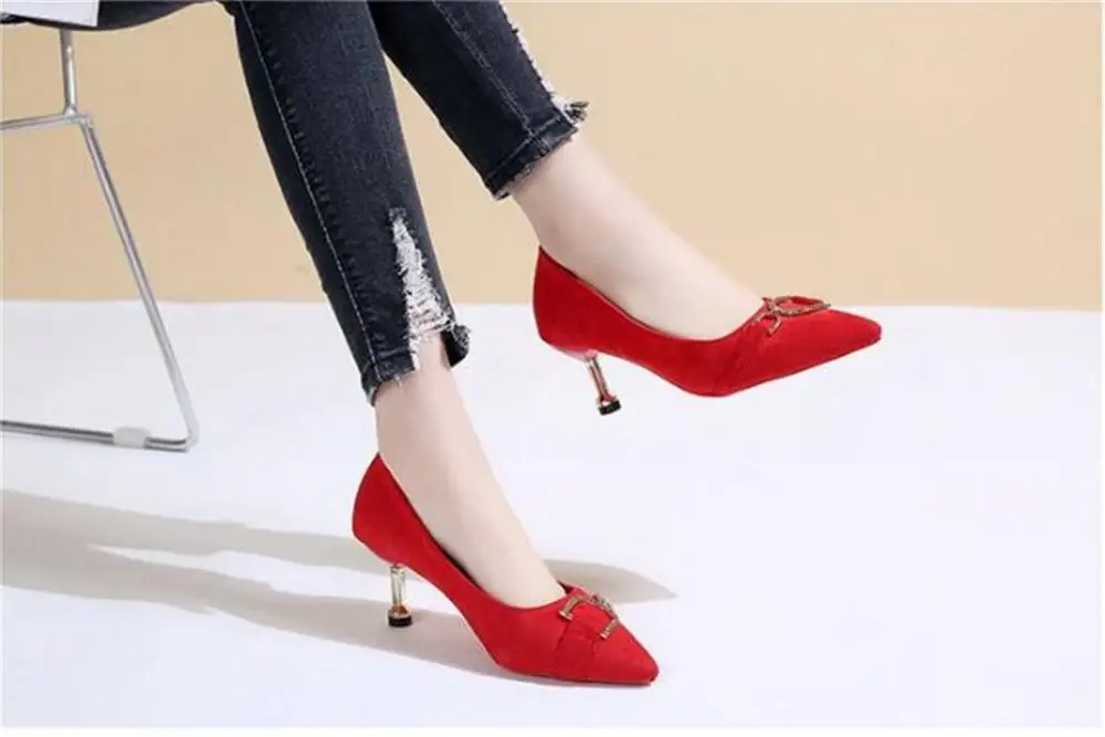 

BIGTREE Basic high heels 2019 new shoes Women pointed toe slip on Flock pumps Female Fashion wedding party shoe purple Red Sexy