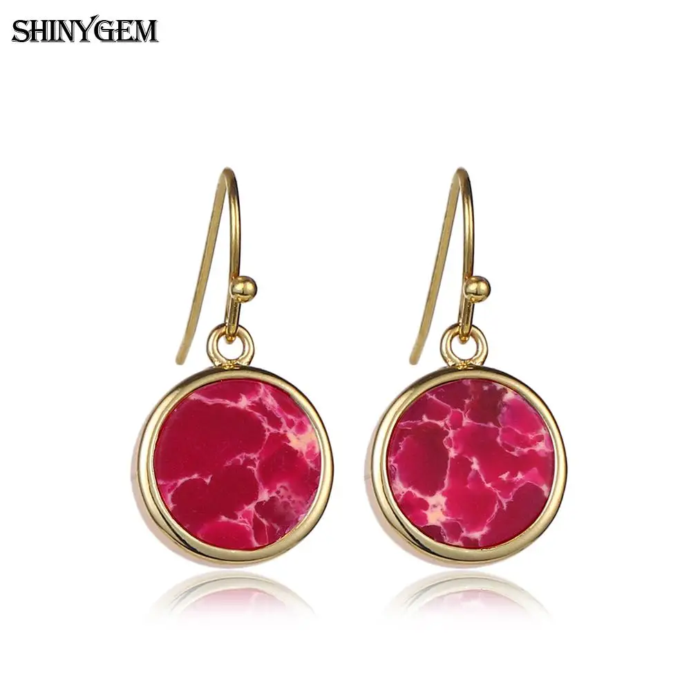 ShinyGem 10 мм круглый из натуральной Морская осадочная яшма Висячие серьги Позолота