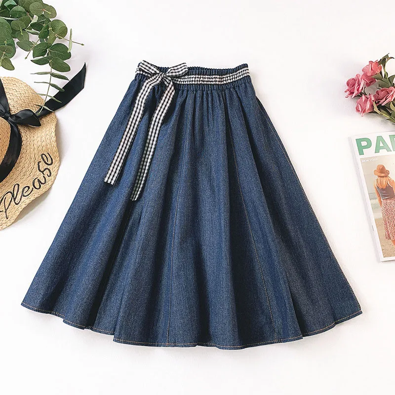 dark blue Женские джинсовые юбки новая весенне-летняя юбка в японском стиле с высокой талией Женская миди юбка Женская галстук-бабочка Saia A Line Faldas - Цвет: dark blue